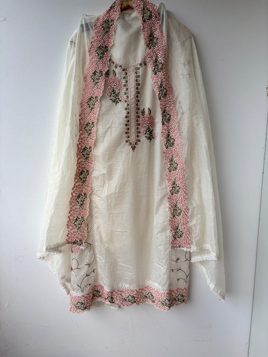 Ivory Mul Cotton Embroidered Suit