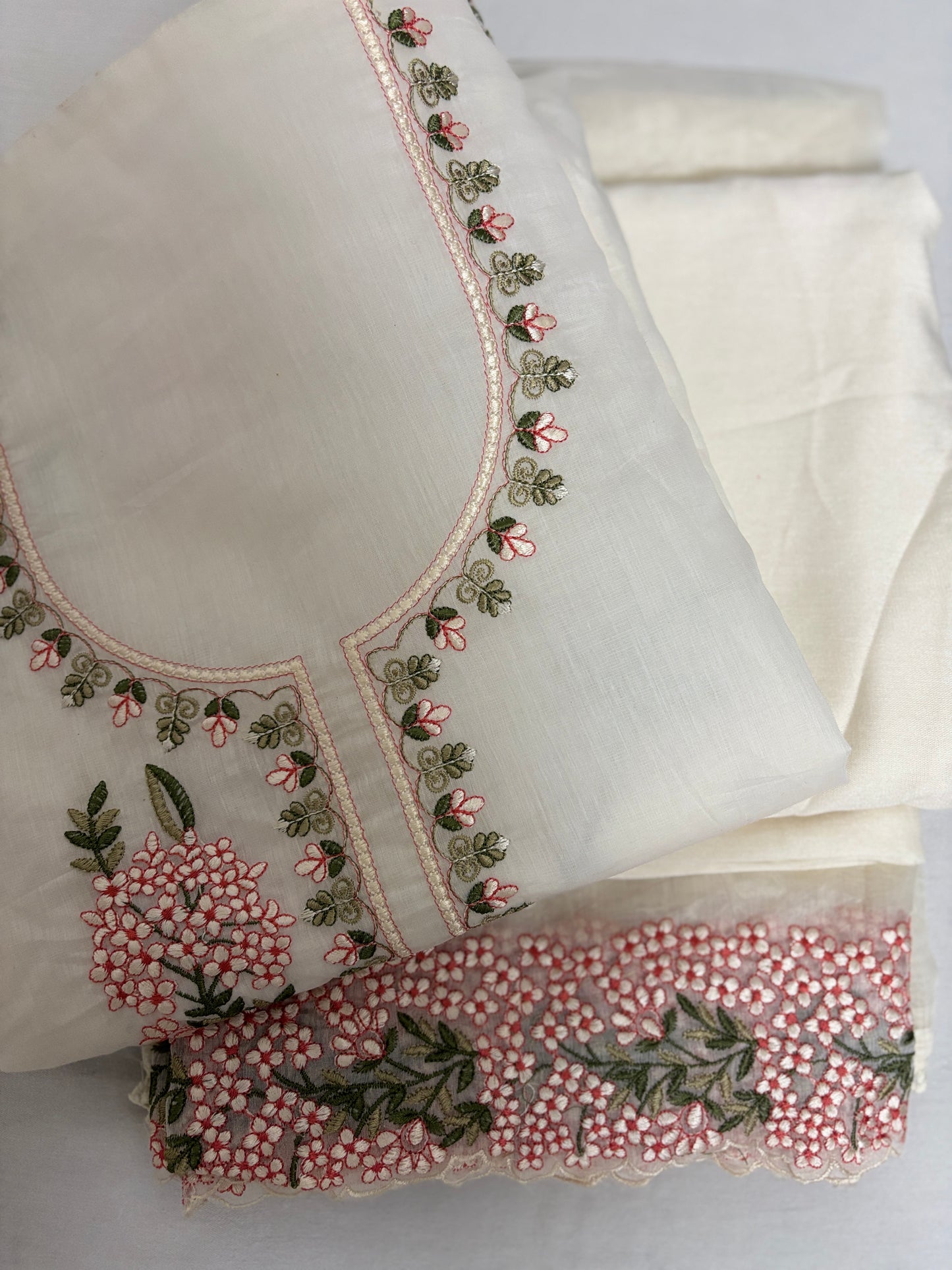 Ivory Mul Cotton Embroidered Suit